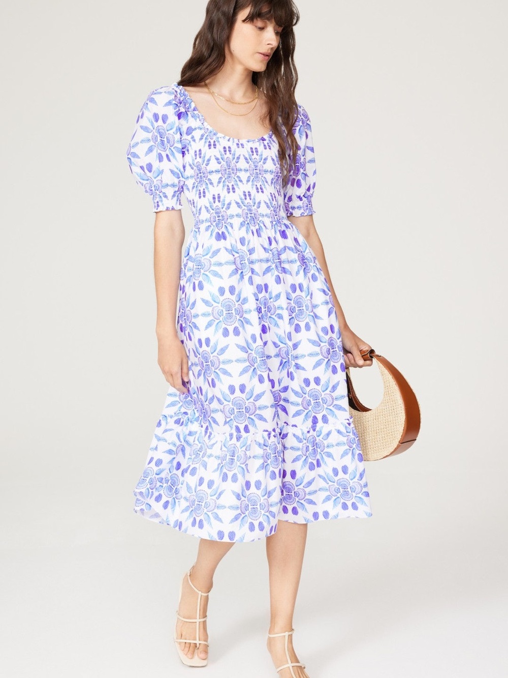 Hill House Blue Purple Shell Louisa Mosaic Floral Smocked Midi Dress Medium M 🐚 - Picture 5 of 6